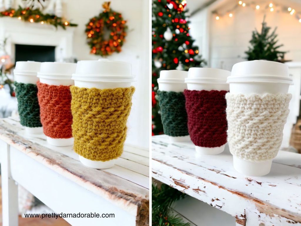 6 crochet cup cozies in season colours of yellow orange green red and white