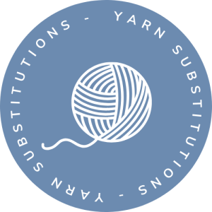A blue circular logo with a white outline illustration of a ball of yarn in the center. The words YARN SUBSTITUTIONS are written in a white circular path around the design, perfect for finding the right yarn for your crochet maple leaf pattern.