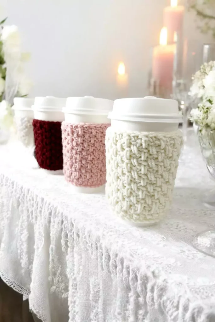 a group of crochet coffee cozies in valentines colours