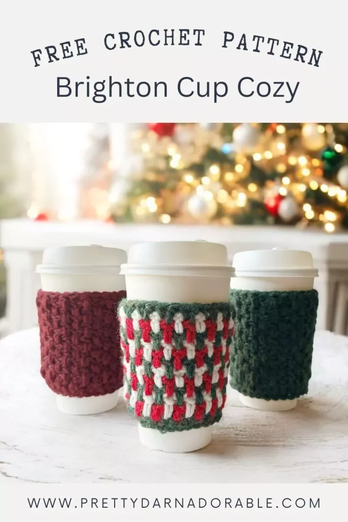 a group of crochet coffee cozies in christmas colours
