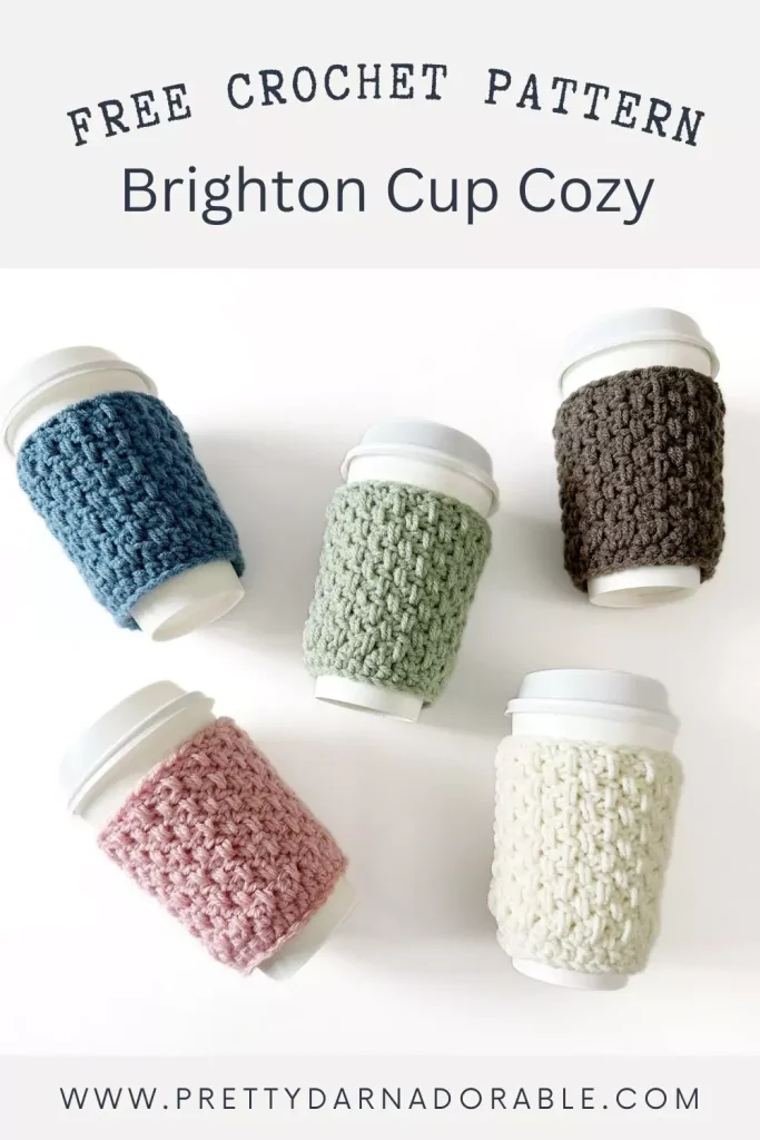 a group of crochet coffee cozies in soft pastel colours