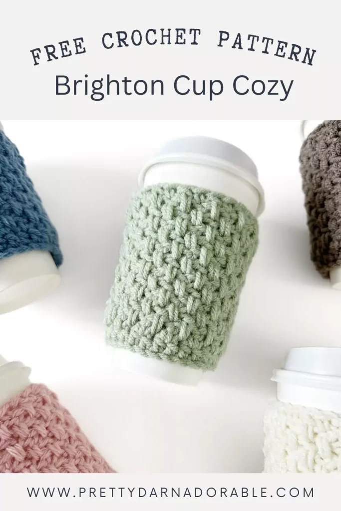 a group of crochet coffee cozies in soft pastel colours