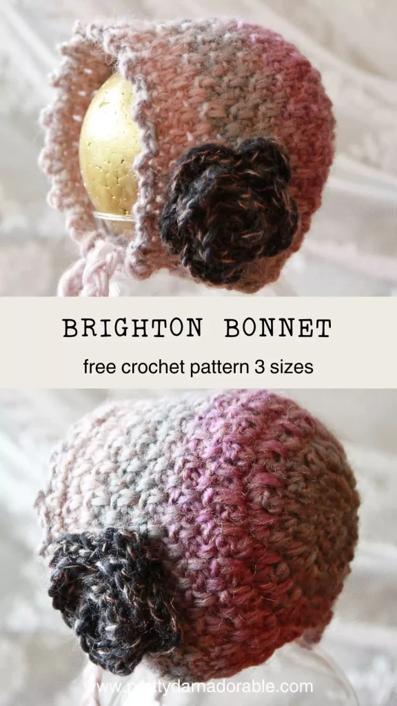 pink crochet baby bonnet with rose free pattern
