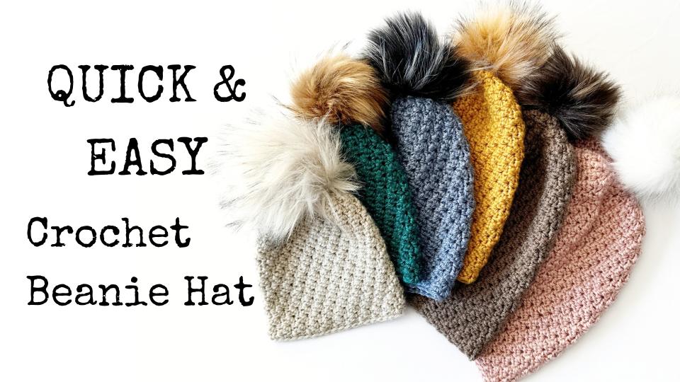Six colorful crocheted beanies with faux fur pom-poms in a row; text says: Quick & Easy Crochet Beanie Hat, free pattern. Free crochet pattern