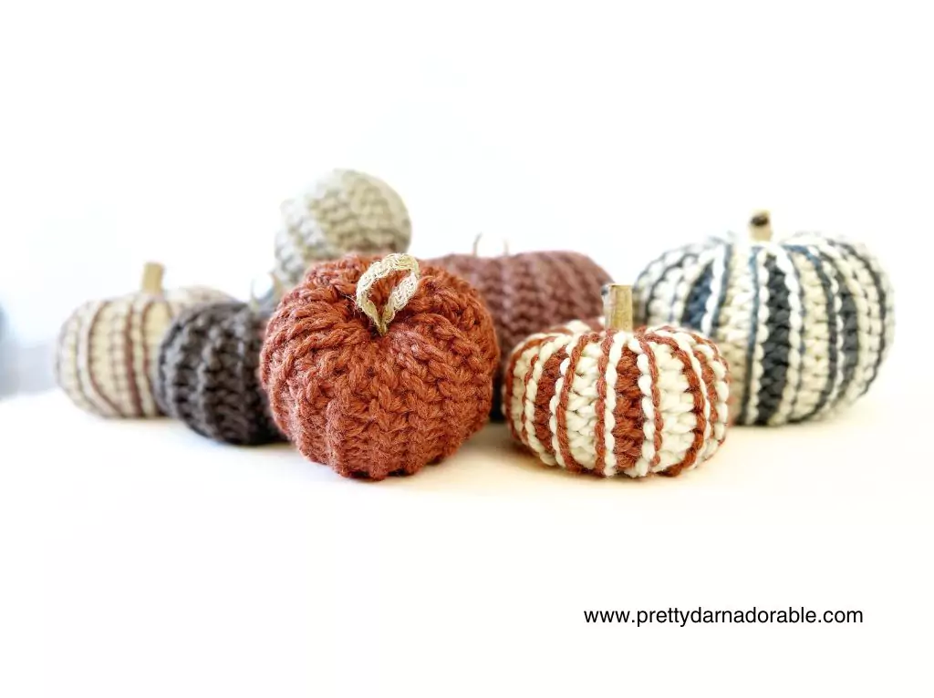 Chunky crocheted pumpkins in orange, brown, cream, and gray sit on a white surface; www.prettydarnadorable.com appears at the corner. Free crochet pattern