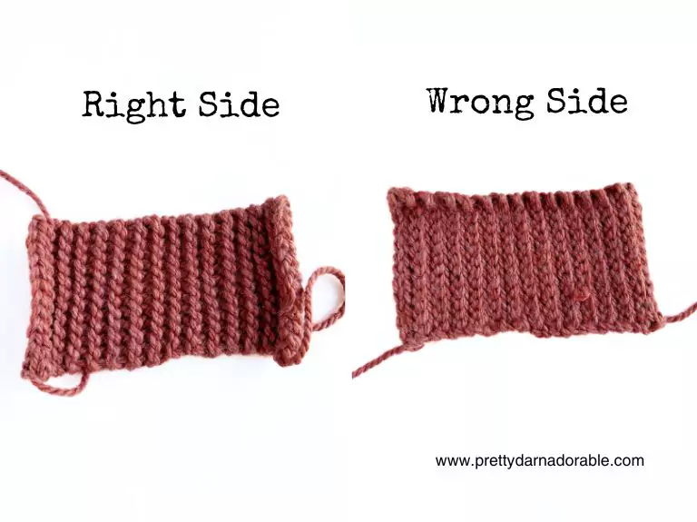 Two brown knit fabric swatches are side by side; left labeled Right Side with defined stitches, right Wrong Side with flatter texture. Free crochet pattern