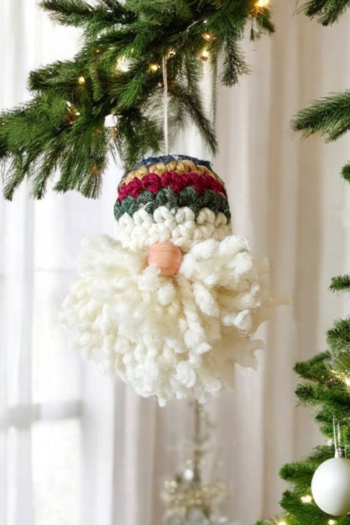 crochet gnome ornament with striped hat