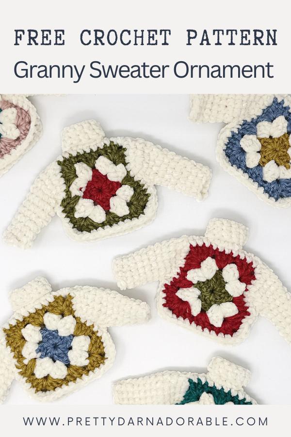 display of crochet granny square christmas tree ornaments laying on a white background