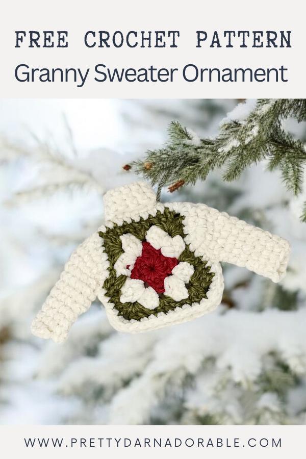 crochet granny square ornament hanging from a tree branch