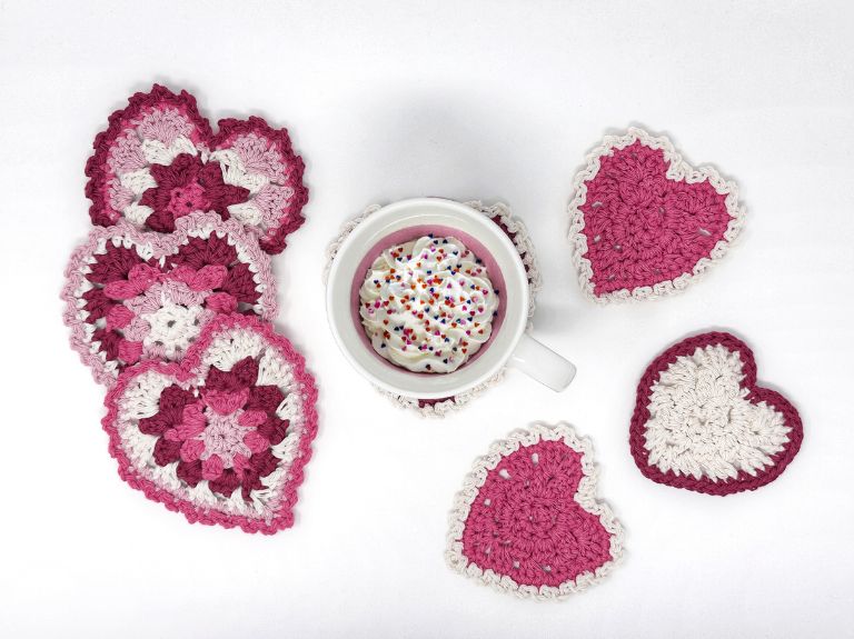 granny stitch heart coasters in pink and purple