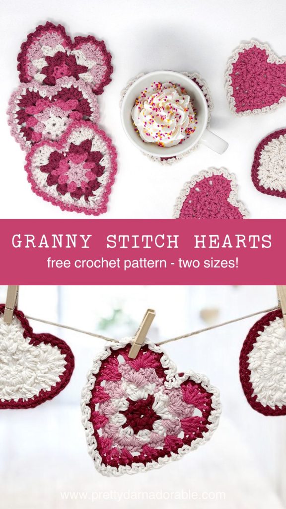 pink striped granny stitch hearts with picot trim