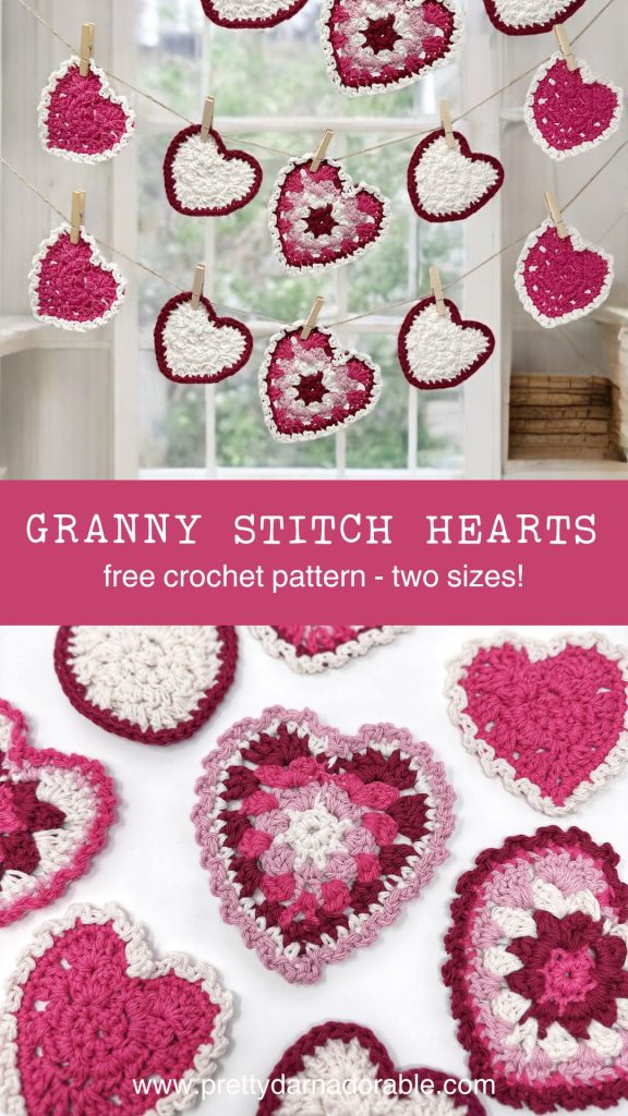 pink striped granny stitch hearts with picot trim