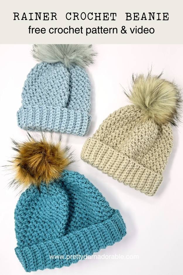 three textured beanie with pompoms and folded ribbed brim