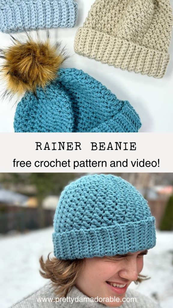 three textured beanie with pompoms and folded ribbed brim