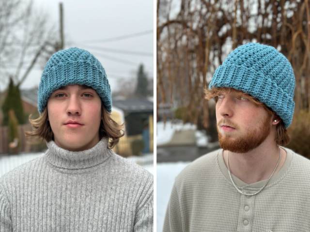 Side-by-side photos of two young men outdoors in winter, both wearing light blue crochet hats made from a free crochet beanie pattern and light gray sweaters. The left man looks forward; the bearded man on the right looks to the side. Snow and bare trees in the background.