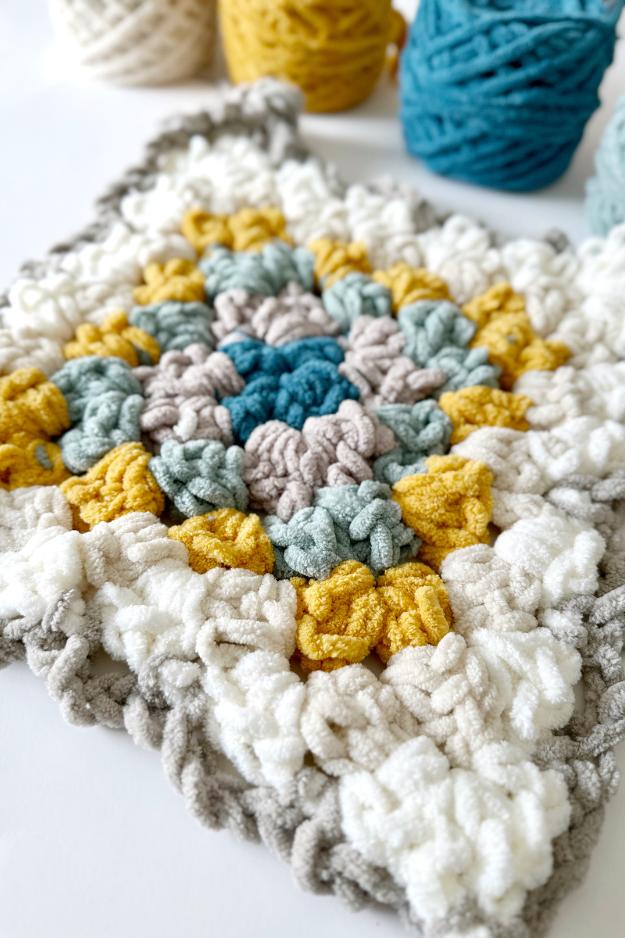close up of a chunky chenille crochet granny square with a bobble edge