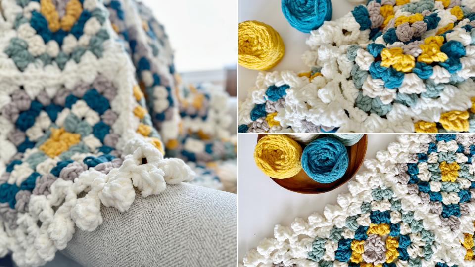 close up of a chunky chenille crochet granny square with a bobble edge