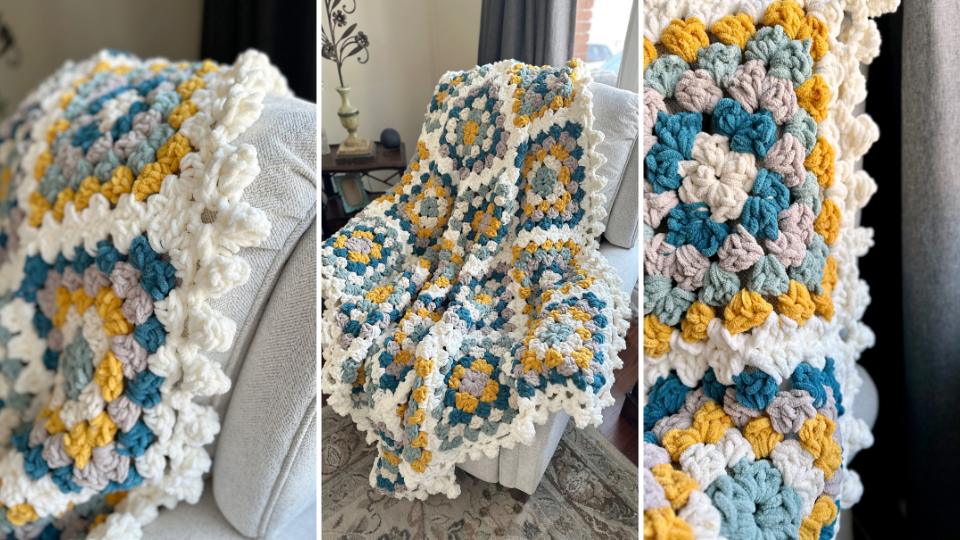 close up of a chunky chenille crochet granny square with a bobble edge