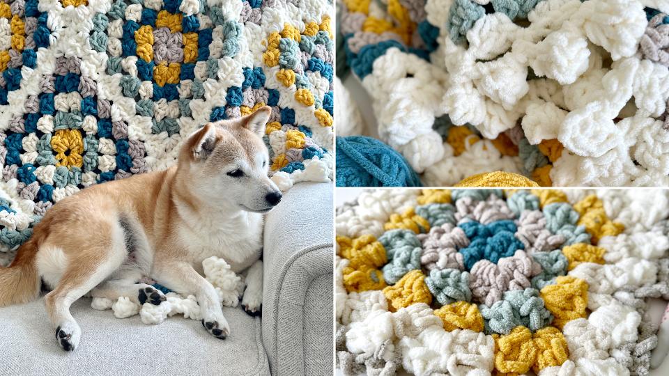 close up of a chunky chenille crochet granny square with a bobble edge