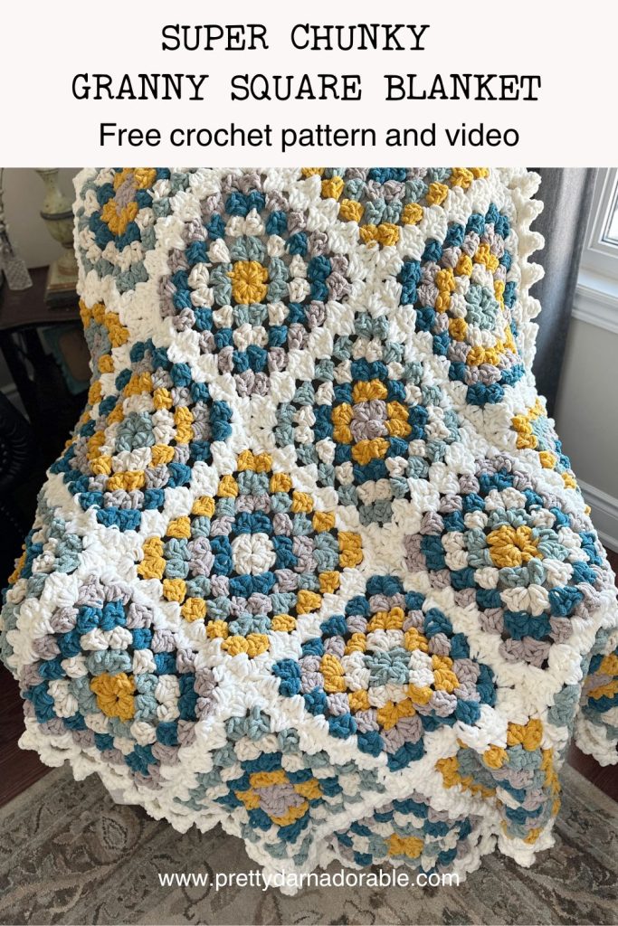 close up of a chunky chenille crochet granny square on a chair