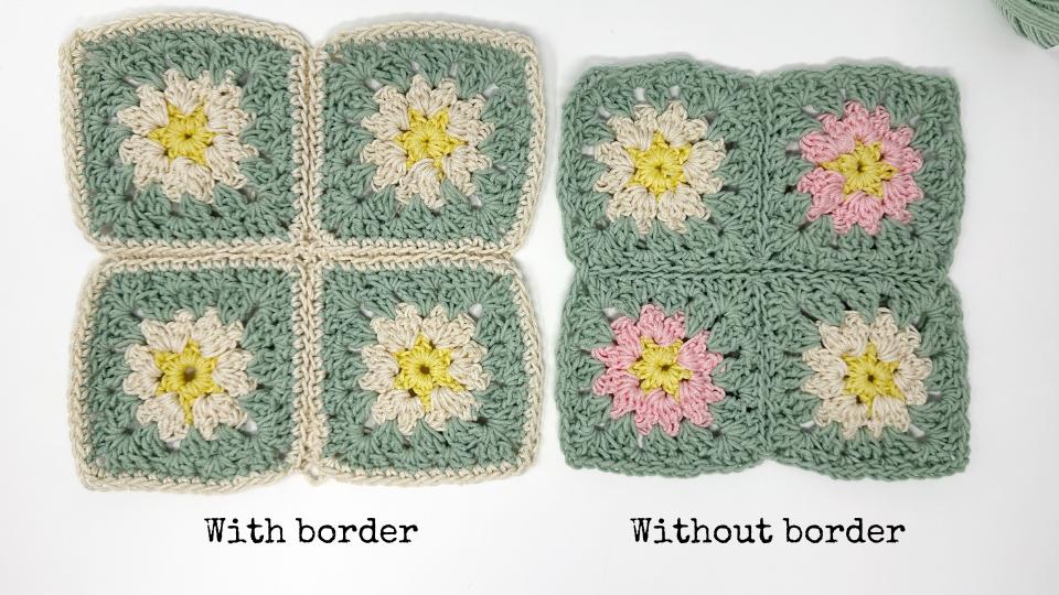 Two sets of four crocheted granny squares are shown. The left set, perfect for kitchen decor, has a cream-colored border and yellow flowers; the right set has no border, with pink and yellow flowers. Text labels explain the difference.
