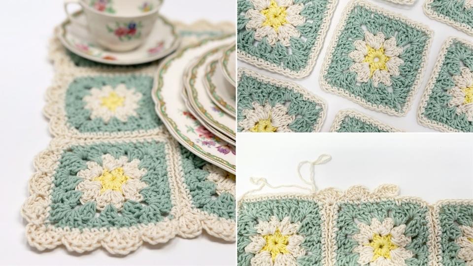 Close-up images of crochet granny squares with a floral pattern in white, yellow, and green. Stacked floral china tea cups and plates rest on the finished granny square placemat—perfect for those seeking free patterns.