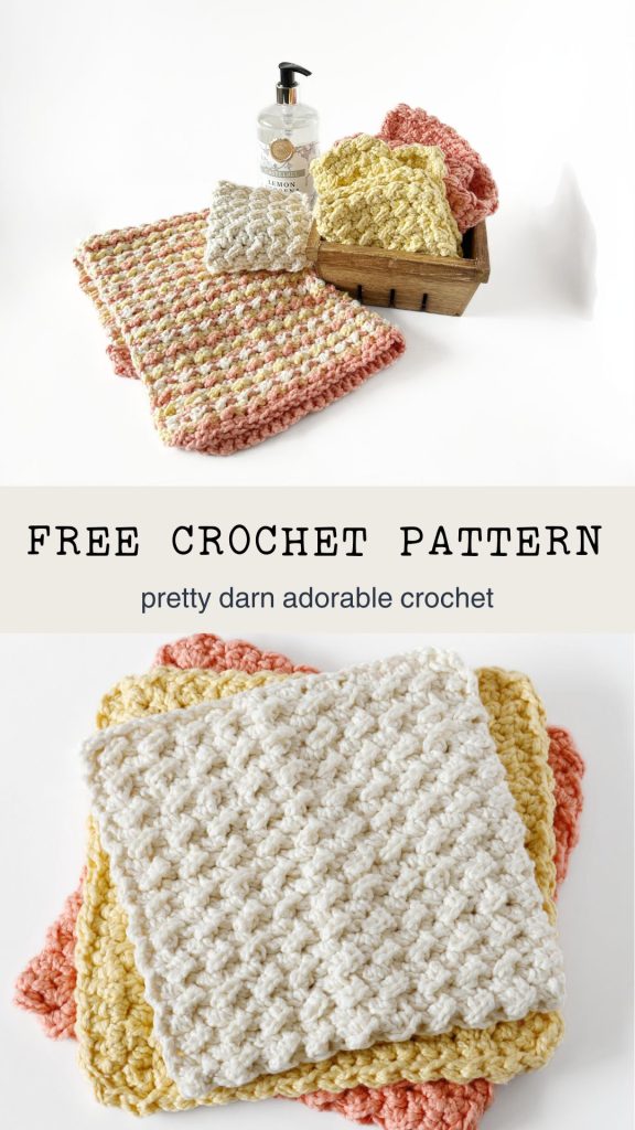 three crocheted dishcloths on a white surface