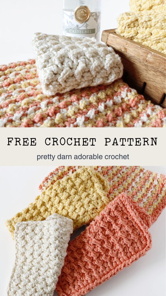three crocheted dishcloths on a white surface