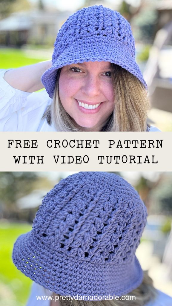 a smiling person wearing a purple crochet bucket hat