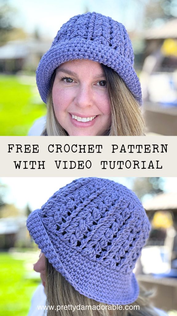 a smiling person wearing a purple crochet bucket hat