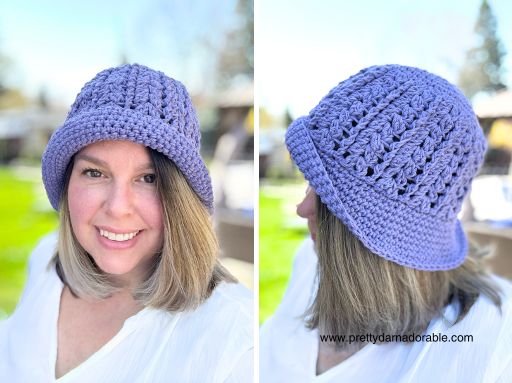 a smiling person wearing a purple crochet bucket hat