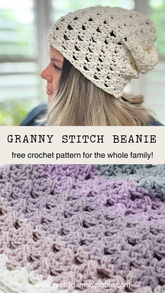 A woman wears a chunky, cream-colored crochet beanie with a textured granny stitch pattern. Below is a close-up of a similar purple ombre hat. Text reads: Granny Stitch Beanie, free crochet pattern.