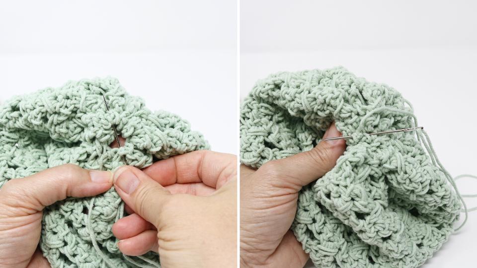 Two close-up images show hands working with light green crocheted fabric, one side holding the fabric and the other using a needle to finish a simple granny stitch crochet beanie.