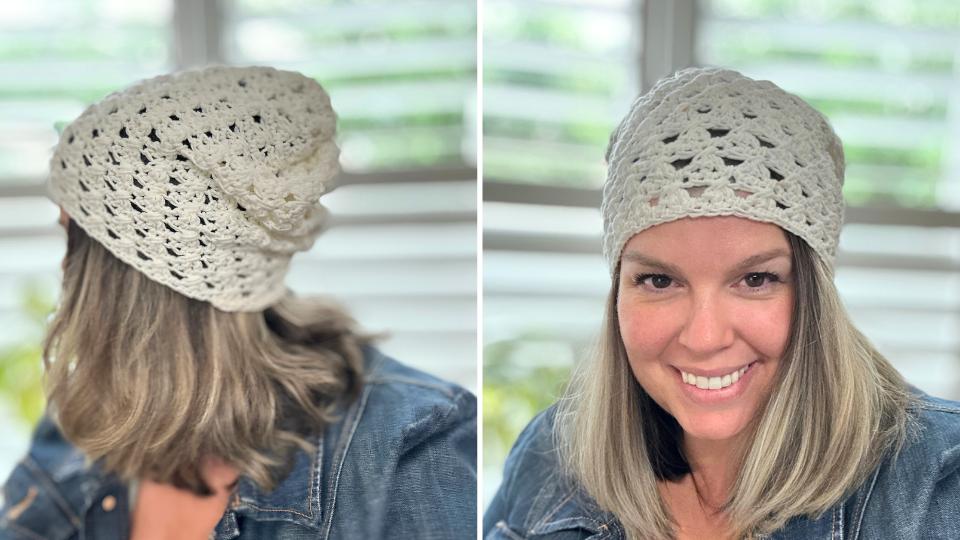 A woman with shoulder-length blonde hair wears a cream-colored crochet granny stitch slouchy hat and a denim jacket, shown from the back and front in a split-image. She is smiling, standing indoors near a window.
