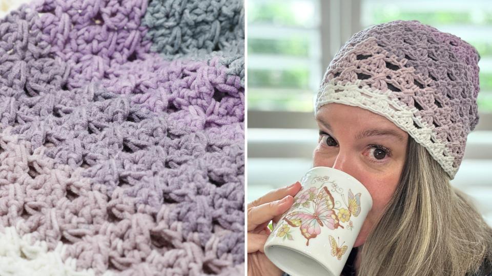 Close-up of a purple and white crochet granny stitch beanie on the left; on the right, a woman wearing a matching granny stitch crochet beanie drinks from a butterfly mug by a sunny window.