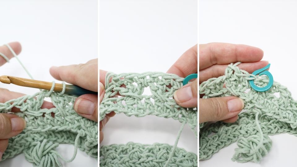 Three close-up images show hands crocheting a hat with light green yarn using the crochet granny stitch. A wooden crochet hook, a teal stitch marker, and stitches in progress are visible against a white background. Includes free crochet pattern.