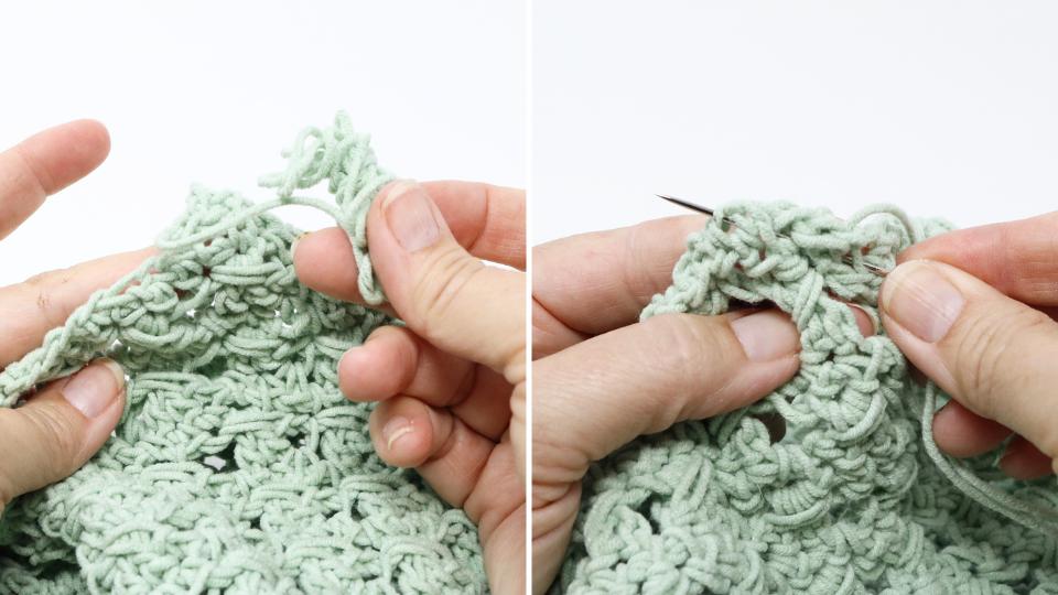 Two close-up photos show hands working with a light green crocheted fabric. On the left, fingers hold a loop of yarn; on the right, a needle secures ends—perfect details for making a beanie or trying the crochet granny stitch.