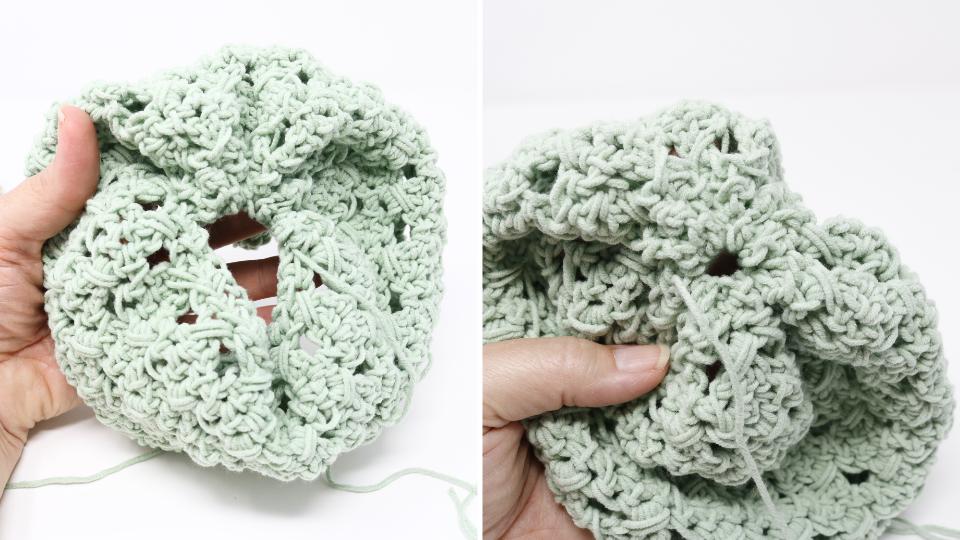 Two images show a hand shaping a light green, textured crochet granny stitch piece with a circular opening—perfect for starting a hat. A yarn thread is visible in both images against the white background.