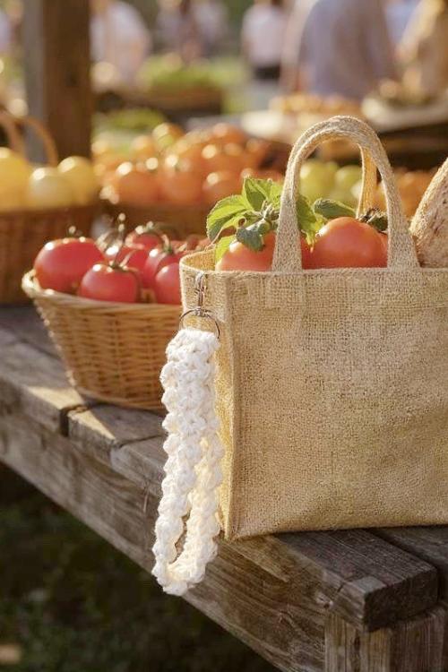 A jute tote bag with tomatoes and bread sits on a rustic wooden table next to a basket of tomatoes at an outdoor farmers market, where free crochet keychain patterns are also available among the fresh produce in the background.