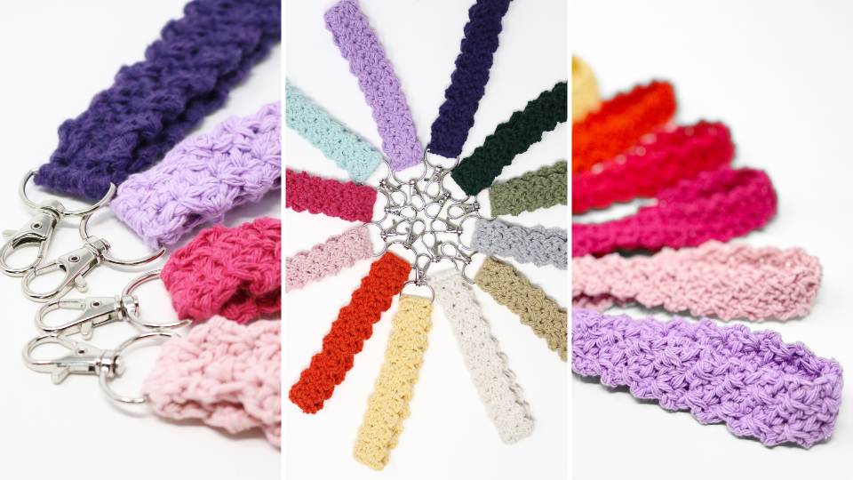 Crocheted keychains in various colors are arranged in a circle with their metal key rings in the center. Close-up shots on the sides highlight the textured patterns and vibrant colors of each easy keychain.