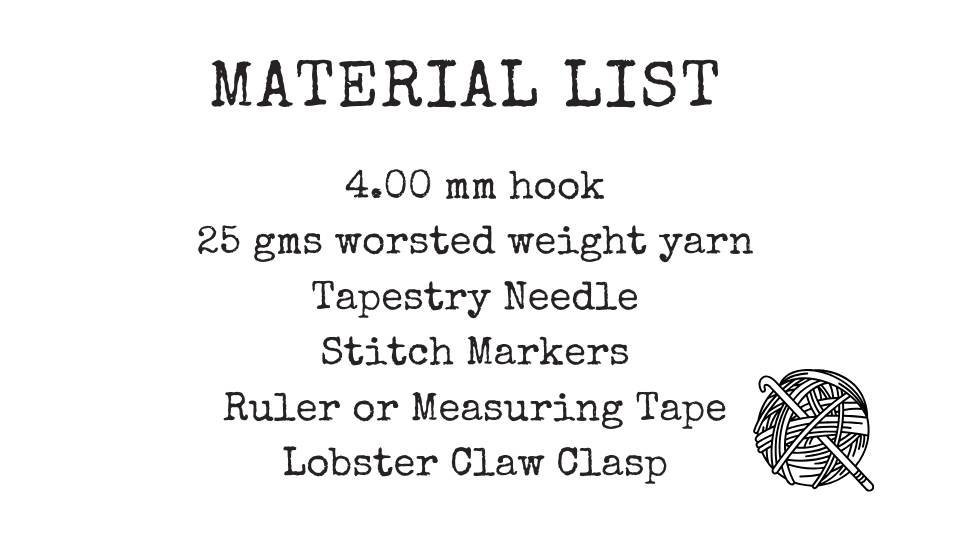 Material list for a crochet project featuring free crochet keychain patterns: includes a 4.00 mm hook, 25 grams worsted weight yarn, tapestry needle, stitch markers, ruler or measuring tape, and lobster claw clasp. Yarn ball graphic in the lower right corner.