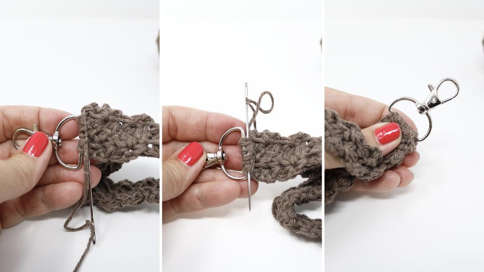 Three photos show hands with red nail polish attaching a metal swivel clasp to a crocheted strap using a yarn needle and brown yarn. This step-by-step process is commonly found in free crochet keychain patterns for creating functional accessories.