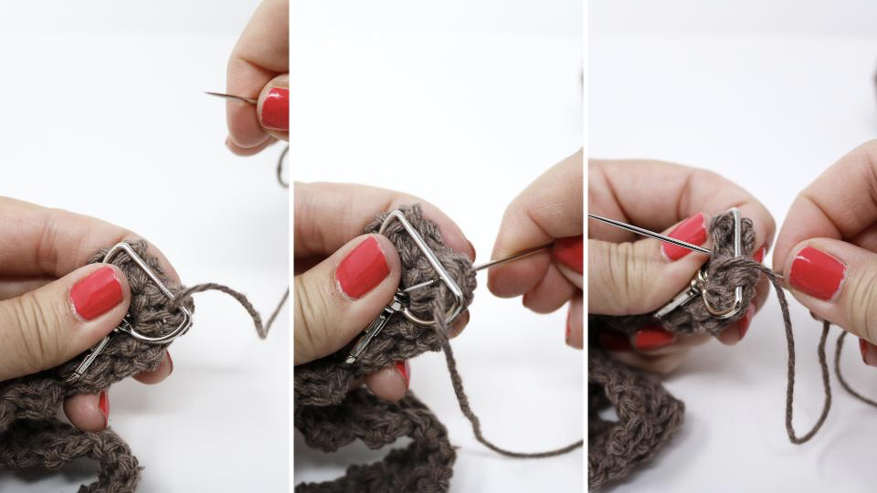 Three close-up panels show hands with red nail polish using a yarn needle to weave in yarn ends on a brown crocheted piece, demonstrating steps you can use when finishing projects like a free crochet pattern for a keychain or wristlet.