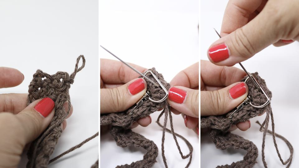 Three-step collage showing hands with red nail polish using a yarn needle to sew together pieces of brown crochet fabric up close, demonstrating an easy finishing or joining technique, perfect for keychain projects or following a free crochet pattern.
