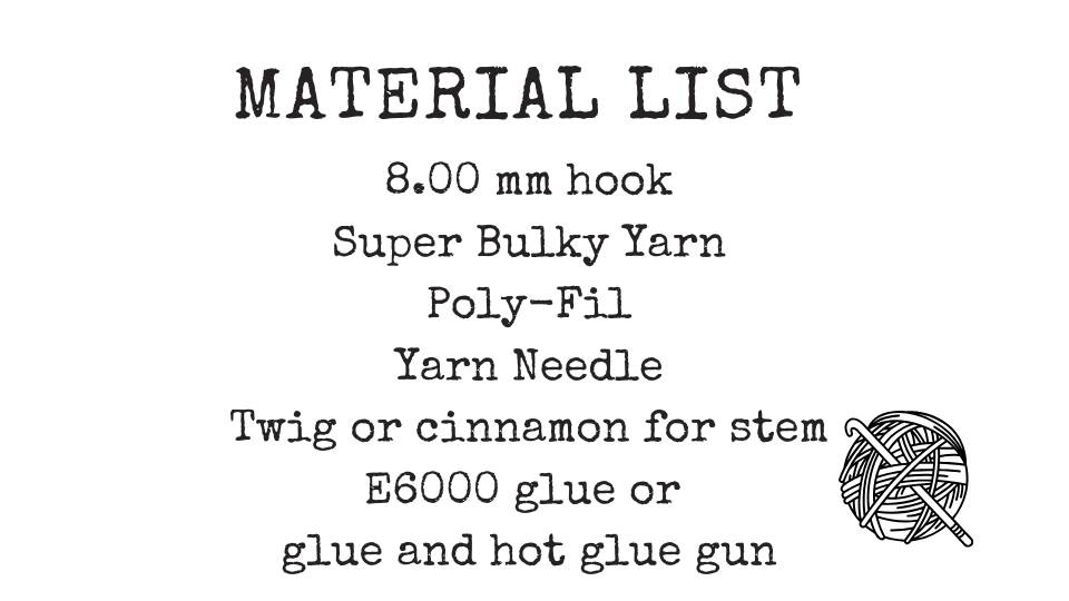 List reads “MATERIAL LIST: 8.00 mm hook, Super Bulky Yarn...” beside a yarn ball and knitting needles illustration. Free crochet pattern
