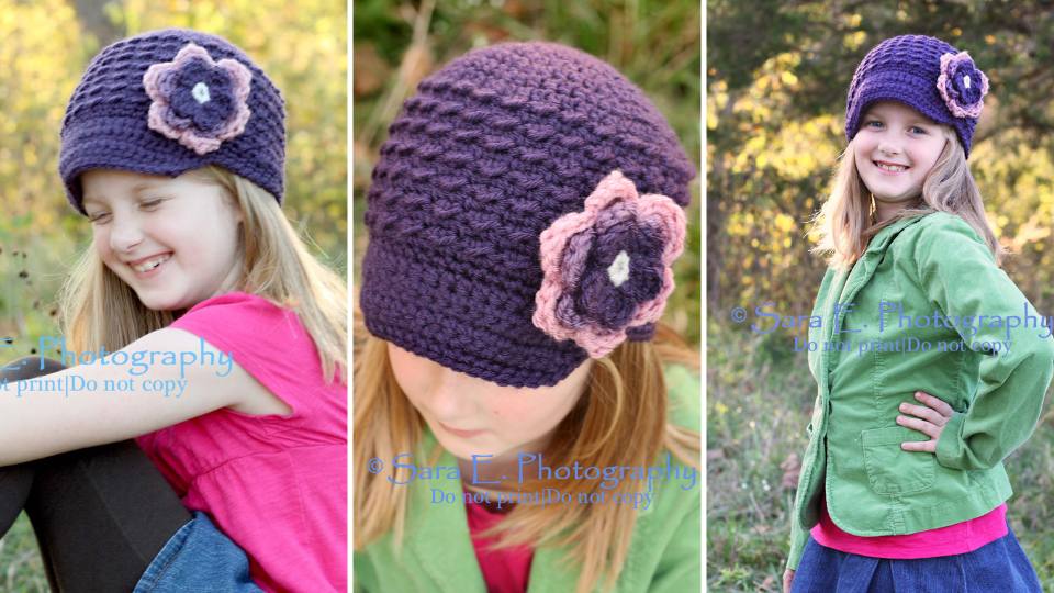 Three photos: A young girl wears a purple crocheted beanie with a large purple and pink flower, smiling outdoors. The center image is a close-up of the beanie showing its texture and flower detail.