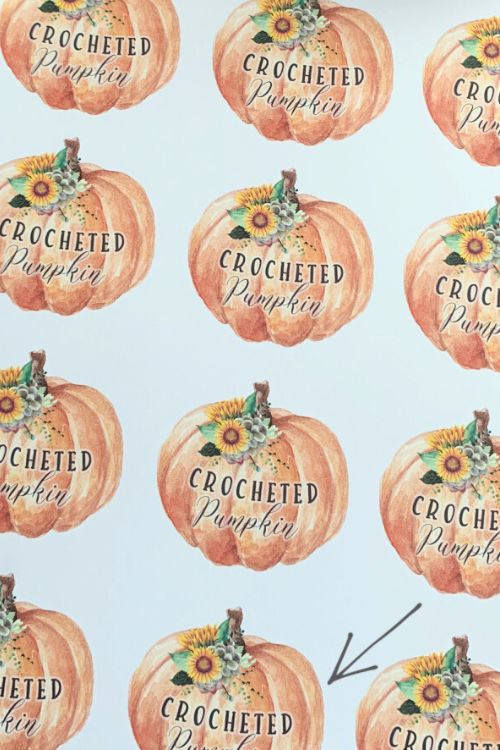 Watercolor pumpkins tags with sunflowers repeat in a pattern; “CROCHETED Pumpkin” in cursive and an arrow highlight one pumpkin.