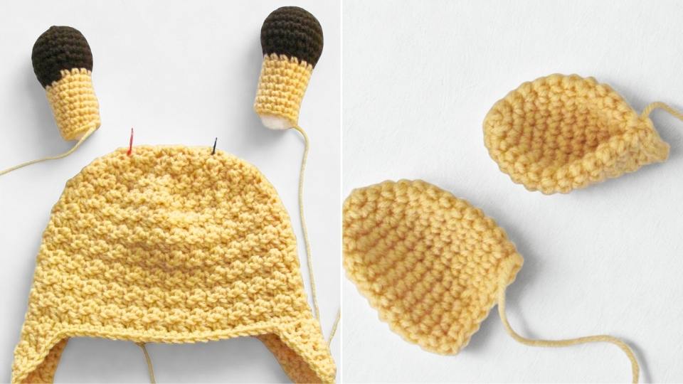 Split image: left shows a yellow crocheted hat with two brown-striped tubes; right shows two yellow ear-shaped crochet pieces on white. Free crochet pattern