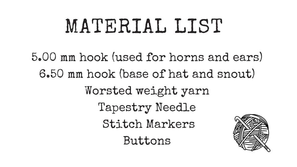 MATERIAL LIST: 5.00 mm hook, 6.50 mm hook, worsted yarn, tapestry needle, stitch markers, buttons; yarn icon bottom right. Free crochet pattern