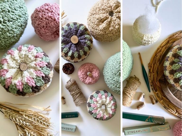 Three-panel image with pastel crochet pumpkins, spools of twine, wheat, crochet hooks, and craft supplies on white surface. Free crochet pattern